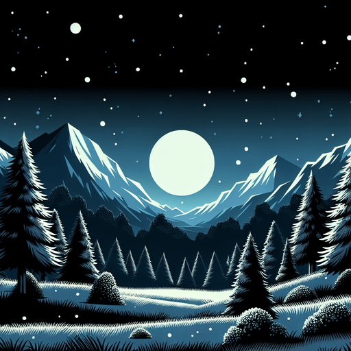 Mountain valley with snowy trees. Scenic view. Nighttime. Cartoon. Black background. New moon
Single Game Texture. In-Game asset. 2d. Blank background. High contrast. No shadows.