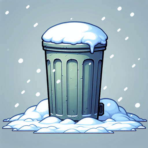Мусорный бак стоит в снегу. Мультяшный.
Single Game Texture.  In-Game asset.  2d.  Blank background.  High contrast.  No shadows