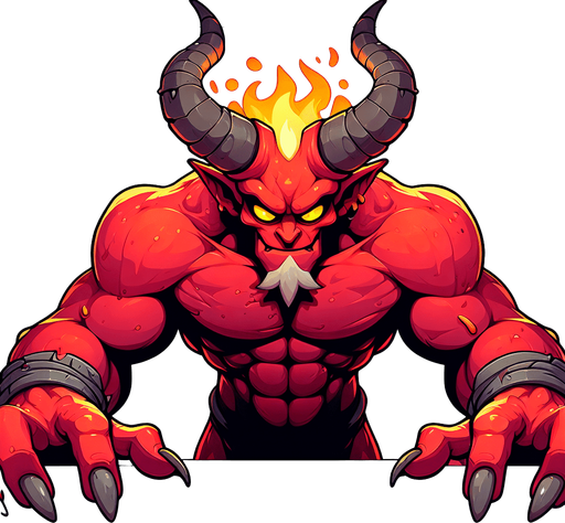 cartoon demon looking down with hands gripping..
Single Game Texture. In-Game asset. 2d. Blank background. High contrast. No shadows.
