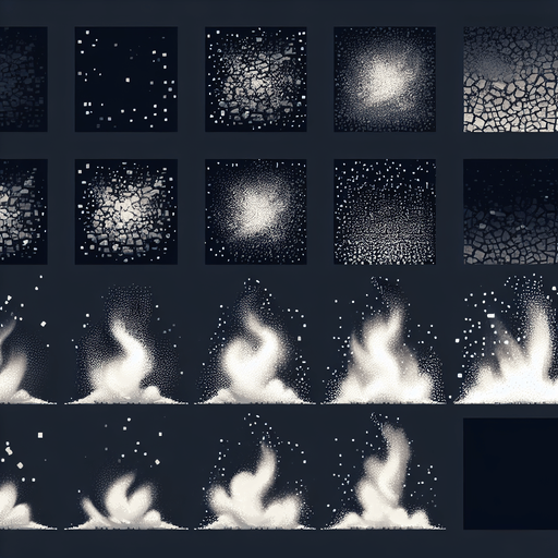 A sprite sheet of dust particles. like from someone walking
Single Game Texture. In-Game asset. 2d. Blank background. High contrast. No shadows.