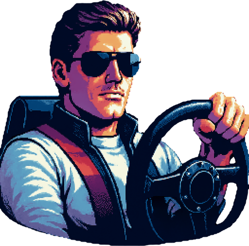 charater holds the steering wheel with one hand