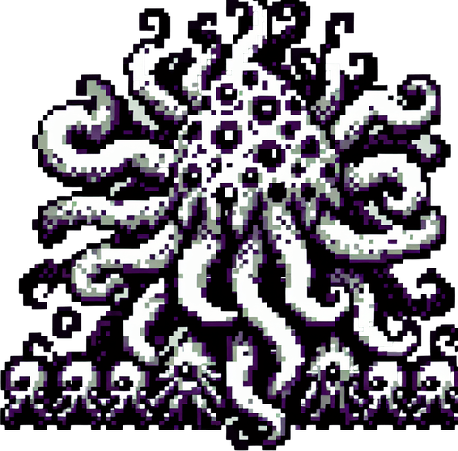 tentacle monster 8 bit.
Single Game Texture. In-Game asset. 2d. Blank background. High contrast. No shadows.