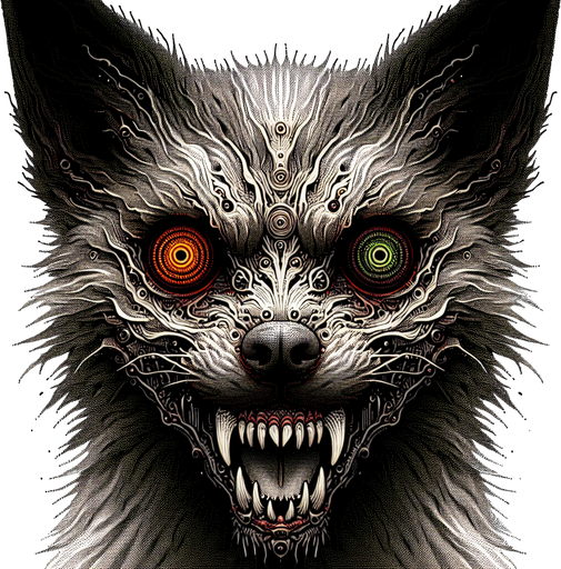 demon dog staring.
Single Game Texture. In-Game asset. 2d. Blank background. High contrast. No shadows.