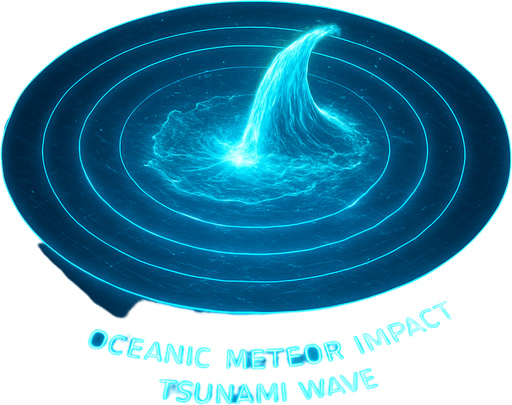 Overhead digital simulation hologram of oceanic meteor impact tsunami wave shockwave radius circle outward crashing neon cyberpunk 3d diagram