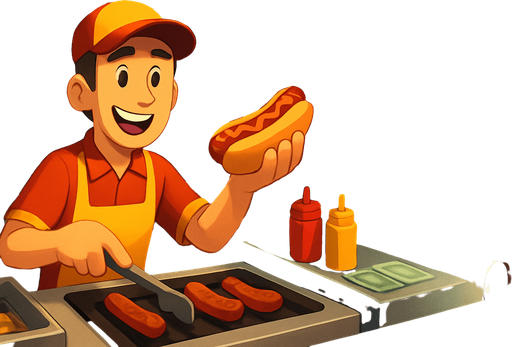 Fullscreen modern App Store landscape banner, 16:9, high definition, for a game titled "Working at Huls" and with the description "A dual-phase survival game combining hot dog cooking simulation with horror survival. Work the day shift serving customers, then survive the night defending against animatronics with your flashlight.". No text on banner!
