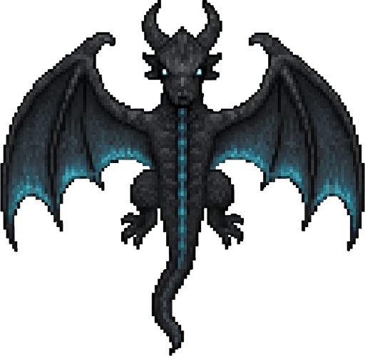 “Pixel art dragon viewed from top-down, with wide leathery wings fully spread, long tail, visible back ridges and horns. Dark grey or black scales, subtle blue flame glow under the wings and spine, menacing but organic design. Sized to carry a small goblin rider on its back. 2D video game asset, fantasy themed.”.
In-Game asset.  2d.  High contrast.  No shadows.
In-Game asset.  2d.  High contrast.  No shadows