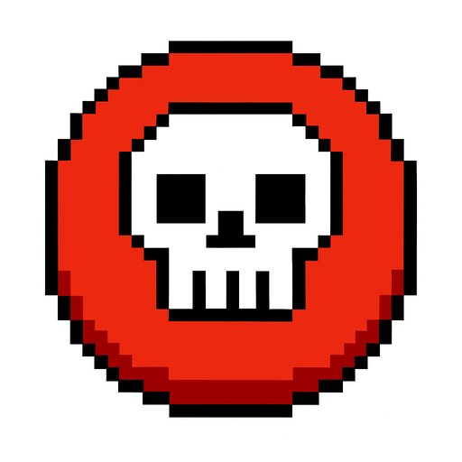 un boton rojo con una calavera de pixeles.
In-Game asset.  2d.  High contrast.  No shadows