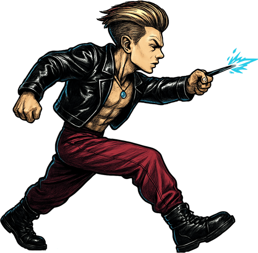 Arm positions & leg positions switched, reversed, Cyberpunk manga, side profile view running animation frames, shiny black leather biker jacket longsleeves shirtless thin abs pecs necklaces gemstone tipped wand, action shot wand pointed straight in front arm extended wand casting spell fierce fashion pose animation blonde undercut pompadour, vampire fangs, wine red joggers, combat boots, Background removed, "Full-body character, entirely in frame, no cropping of face, head, or feet" "Complete character visible, from head to toe, fully centered in the image" "Entire character, including face and boots, fully within the frame" Character fully contained within a square frame, no edges cut off,