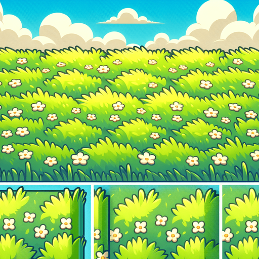 A repeating grassy field. Cartoon
Single Game Texture.  In-Game asset.  2d.  Blank background.  High contrast.  No shadows