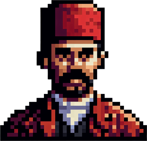 osmanlıda yaşayan fesli normal bir erkeğin pixel versiyonu.
Single Game Texture. In-Game asset. 2d. Blank background. High contrast. No shadows.