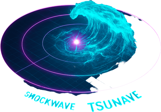 Overhead digital simulation hologram of oceanic meteor impact tsunami wave shockwave radius circle outward crashing neon cyberpunk 3d diagram translucent wave crash hologram neon effect crash