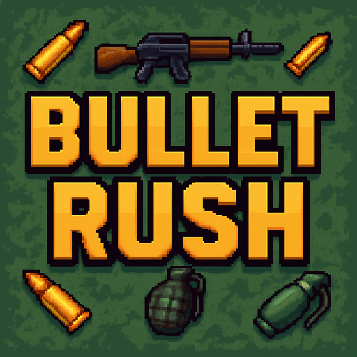 Create an title image written "Bullet Rush" in it, add some elements of war like bulets and make it in a semirealistic 16bit style.
In-Game asset.  2d.  High contrast.  No shadows