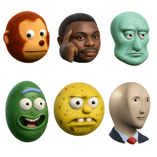 sprite sheet of famous modern meme faces of Looking back awkward monkey puppet,
Think black Guy,
Chad Squidword,
pickle rick, spongebob unga bunga, 
Stonks. each face shaped as a round marble shaped face made in blender 3D