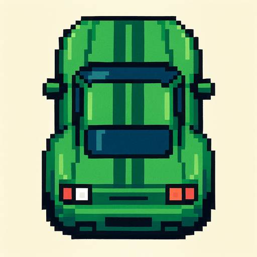 un auto verde deportivo con perspectiva desde arriba hecho con pixeles.
In-Game asset.  2d.  High contrast.  No shadows con perspectiva trasera