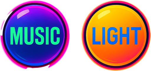 Setting buttons shapes as sphere or circle & have text 'Music' & another have text 'Light'. HD colors. cyberpunk. Abstract. Different colors.
In-Game asset.  2d.  High contrast.  No shadows