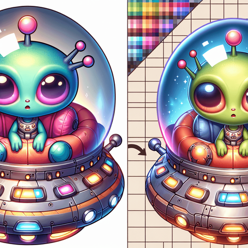 Cute alien in ufo spaceship.
Single Game Texture. In-Game asset. 2d. Blank background. High contrast. No shadows.