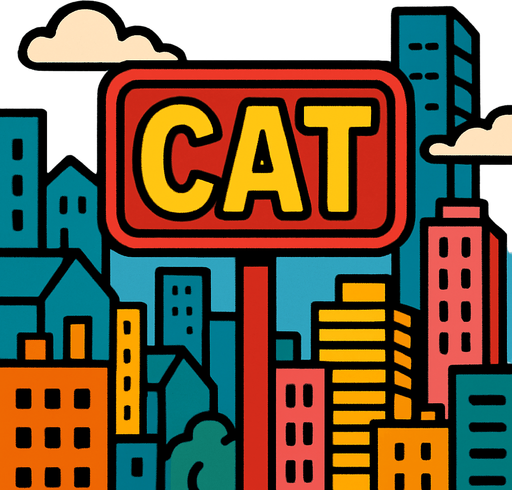 Şehir ve arkaplanında cat yazan bir tabela.
In-Game asset.  2d.  High contrast.  No shadows