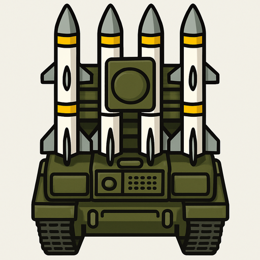 A surface-to-air (SAM) missile launcher..
In-Game asset.  2d.  High contrast.  No shadows. Top down view