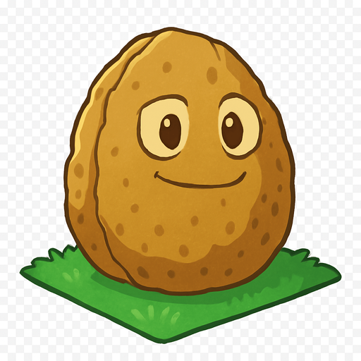 Nuez inspirada en Plants vs. Zombies 1. Una gran nuez de color marrón con textura rugosa y mirada serena pero decidida. Está plantada sobre una baldosa de césped en un jardín soleado. No está en combate ni dañada, solo en posición defensiva y tranquila. Estilo caricaturesco, líneas suaves, colores cálidos y sin sombras. Fondo transparente, ideal como asset 2D para videojuego. que este feliz o