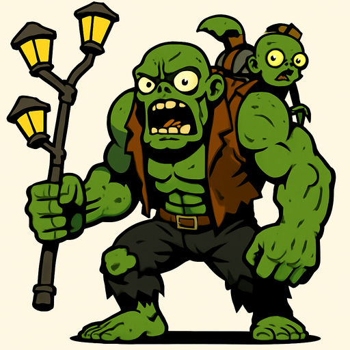 Un zombi gigante y musculoso de piel verdosa. Viste un chaleco marrón roto y pantalones oscuros desgarrados, dejando ver parte de sus piernas. En su mano derecha, blande un poste de luz improvisado con cuatro farolas, usándolo como arma. Sobre su espalda, lleva a un zombi pequeño, sujeto por unas correas. Sus ojos son grandes y saltones, y su boca está abierta mostrando una dentadura irregular, dándole una expresión de furia..
In-Game asset.  2d.  High contrast.  No shadows