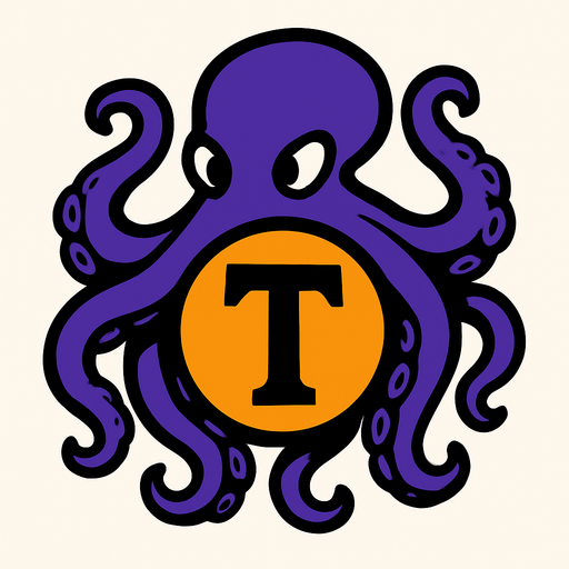 una letra t dentro de una esfera y un pulpo que la rodea.
In-Game asset.  2d.  High contrast.  No shadows