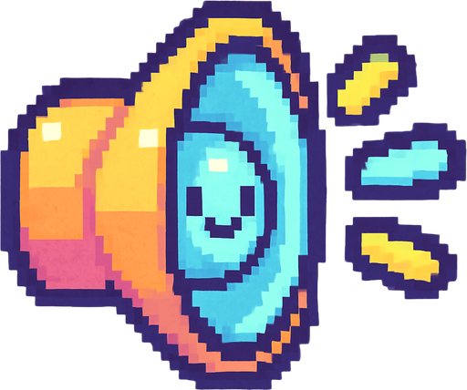 A small and cute pixel art icon representing sound on, designed for a 2D game UI. The icon shows a colorful, rounded speaker with smiling face and small animated sound waves coming out in bright pastel colors like yellow and light blue. The design is chibi and cartoonish, with soft outlines and playful details. It fits the style of a fun, colorful retro arcade game..
In-Game asset.  2d.  High contrast.  No shadows. pixel art. cute. ui icon. colorful. retro style. chibi. cartoonish