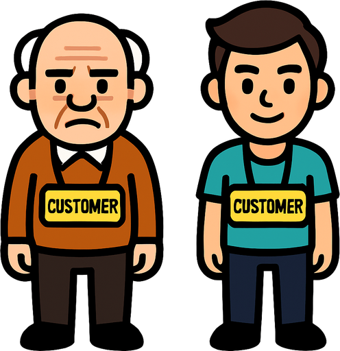 bana bir tane 2d önden bakılmış yaşlı customer bir tane de 2d önden bakılmış genç bir customer çiz.
In-Game asset.  2d.  High contrast.  No shadows