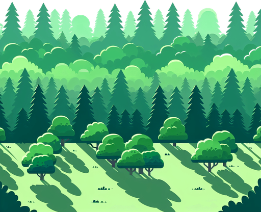green theme forest by green tones to the sky , not to much detail just simple tree shadows trees has no details just shadowed green and shadowless places, beautiful view.
Single Game Texture.  In-Game asset.  2d.  Blank background.  High contrast.  No shadows