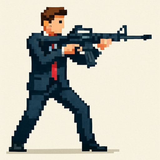 un hombre de traje hecho con pixeles de cuerpo completo apuntando con un  rifle de asalto m4