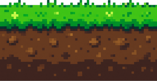 A flat, horizontal ground layer made of bright green grass on top and brown soil underneath, designed in pixel art style. The grass is slightly jagged at the top to suggest texture, and the soil has subtle pixel shading with small rocks and dirt patches. The image should be side-view and seamless, suitable for a 2D side-scrolling game like Flappy Bird, with tiny pixel flowers or varied shades of green for extra detail..
In-Game asset.  2d.  High contrast.  No shadows. pixel art. side view. seamless. ground texture. retro style