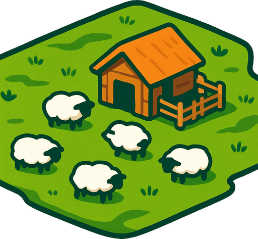 מרעה ירוק עם דיר קטן במרכזו.
In-Game asset.  2d.  High contrast.  No shadows