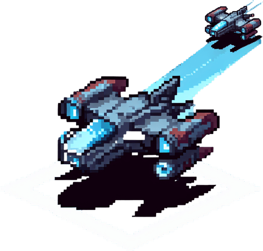 Spaceship 2D Pixel..
Single Game Texture. In-Game asset. 2d. Blank background. High contrast. No shadows.