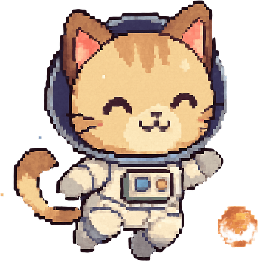 A cute chibi-style anime kitten, dressed in an astronaut suit and drifting through the universe, rendered in Pixel Art.