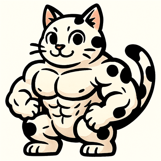 kaslı ve beyaz ama üstünde siyah benekelri olan tatlı bir kedi.
In-Game asset.  2d.  High contrast.  No shadows