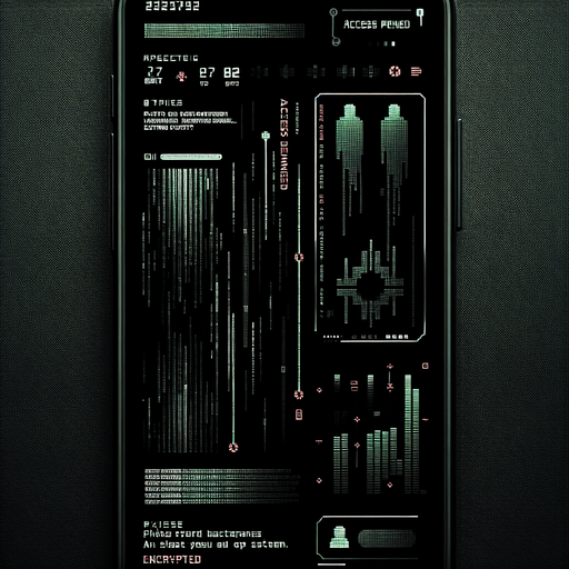 Create a minimalistic hacked mobile phone background with a solid black base. Add subtle glitch effects like faint pixel distortions and soft horizontal lines. Incorporate low-opacity green Matrix-style symbols cascading or scattered sparsely in the background. Include fragmented text elements like "Access Denied" or "Encrypted" in a modern, faint font. Use small red accents to emphasize the seriousness of the hack while maintaining ample negative space. Ensure all elements are subtle to avoid overshadowing foreground app icons..
Single Game Texture. In-Game asset. 2d. Blank background. High contrast. No shadows.