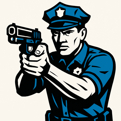 A police officer with a gun in his hand and ready to shoot.
In-Game asset.  2d.  High contrast.  No shadows
