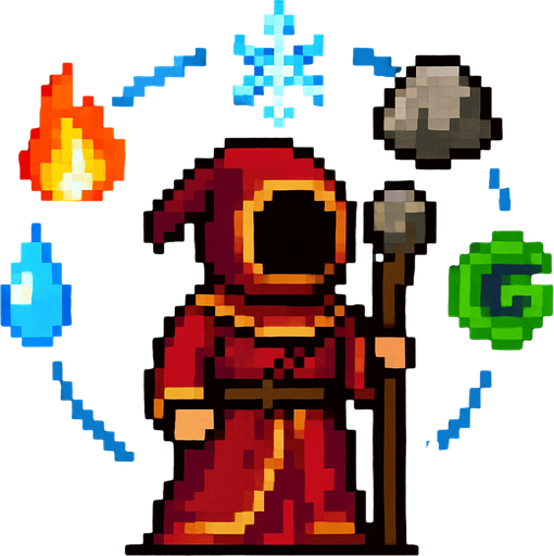 A pixel style magician from Magicka who has an arc around him of elements to be casted (fire, water, ice, rock, etc).
In-Game asset.  2d.  High contrast.  No shadows