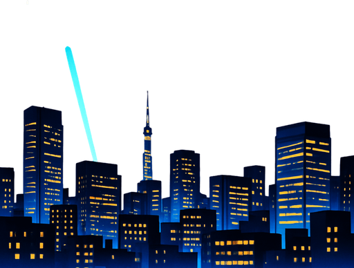 langit malam dikejauhan kota modern dengan lampu lampu sorot ke atas langit . anime 2d.  High contrast.  No shadows