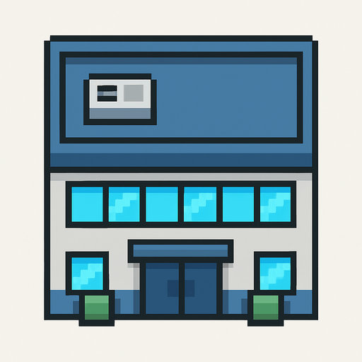 Commercial building 2d pixilated topdown.
In-Game asset.  2d.  High contrast.  No shadows