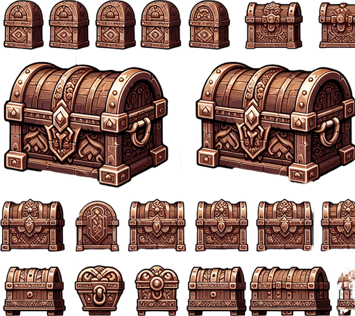 A spritesheet of various norse medieval or viking age looking treasure chest. Side view as for use in a platformer or endless runner game..
Single Game Texture. In-Game asset. 2d. Blank background. High contrast. No shadows.