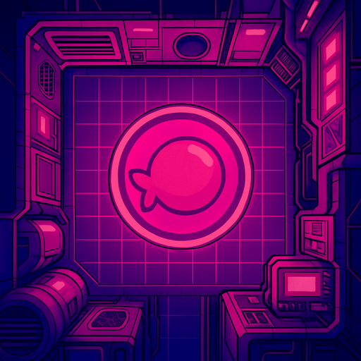 2D Top floor of tower facing the screen to use it as a grid. future. Cyberpunk. abstract. seen from above. HD colors. No Diagonal assets. Pink color. Big logo of a Gum bomb on the middle of it.