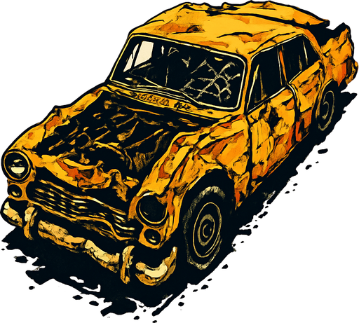 Coche destruido, algo retro visto desde arriba y en posición horizontal.
In-Game asset.  2d.  High contrast.  No shadows