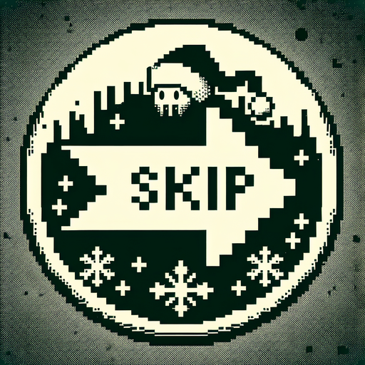 eerie christmas inspired  button as an arrow pointing right that says SKIP in a creepy font  png.
Single Game Texture. In-Game asset. 2d. Blank background. High contrast. No shadows.