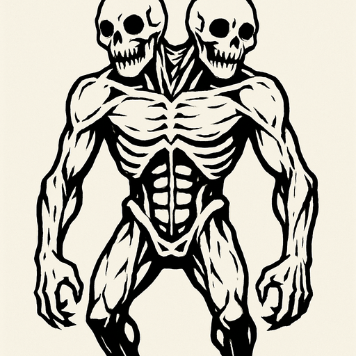 montruo blanco de ojos negros de dos cabezas musculoso esqueletico.
In-Game asset.  2d.  High contrast.  No shadows