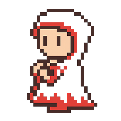White mage 8-bit girl. No background. Transparent background. Blank background. No shadows. 2d. In-Game asset. flat