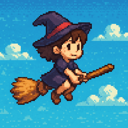 16 bit image litle girl ride flyng broom stick.
In-Game asset.  2d.