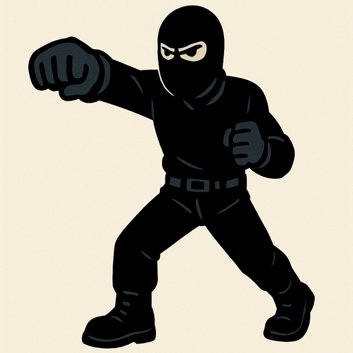 hombre con camisa negra de manga larga, pantalones negros, botas negras y guantes negros y un pasamontañas negro dando un puñetazo..
In-Game asset.  2d.  High contrast.  No shadows