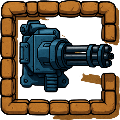 Top view of an blue defense Military tower large Minigun Machinegun in the desert, the image has a square border outlined by military defense Brown sandbags.
In-Game asset.  2d.  High contrast.  No shadows