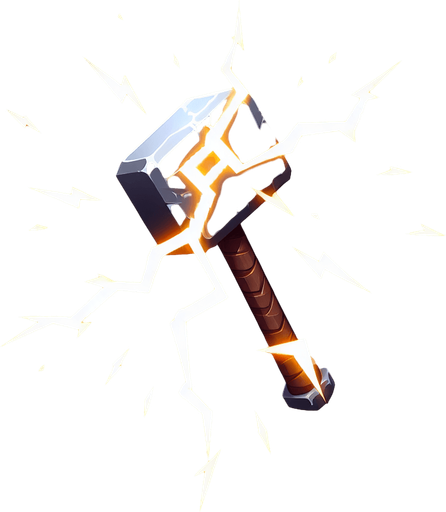 hammer with lightning.
Single Game Texture. In-Game asset. 2d. Blank background. High contrast. No shadows.