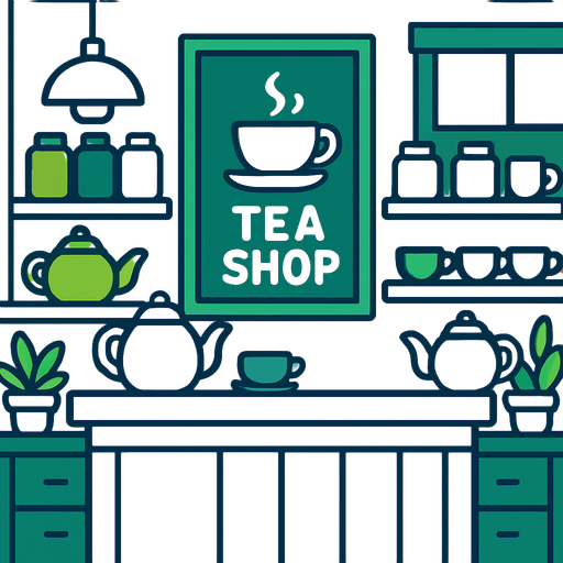 Make a tea shop background.
In-Game asset.  2d.  High contrast.  No shadows
